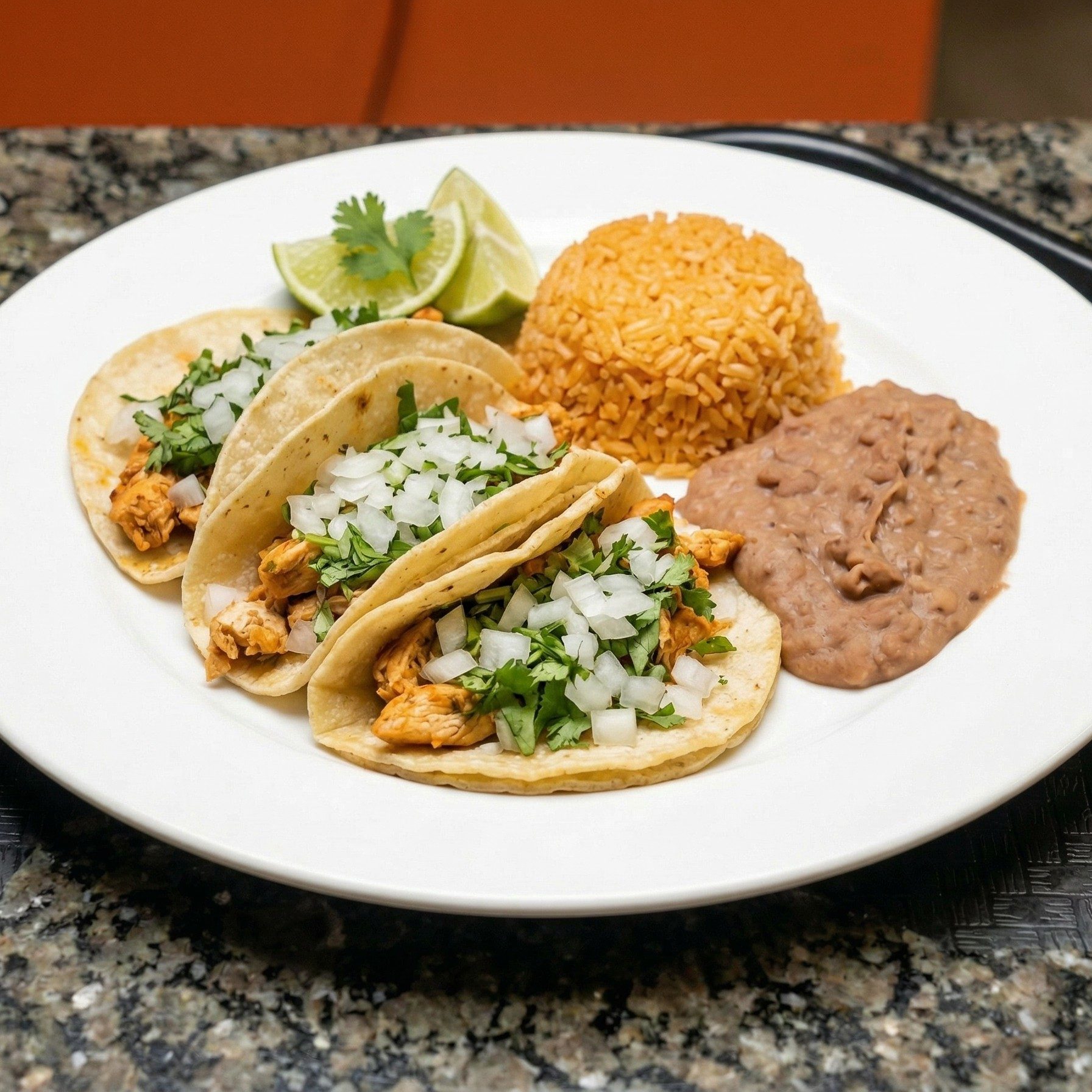 3 Corn Tacos, Rice & Beans.