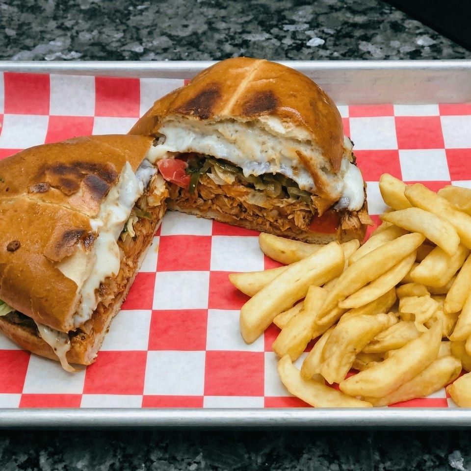 A sliced torta sandwich with melted cheese and filling, served with a side of french fries.