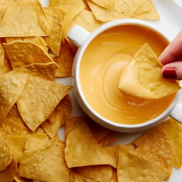 A hand dips a tortilla chip into a white bowl of creamy yellow cheese dip, surrounded by more chips.
