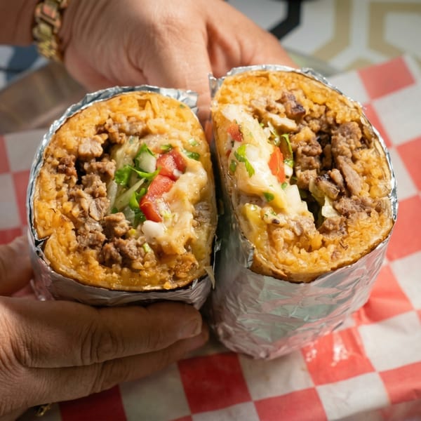 Hands holding a large burrito cut in half, revealing rice, meat, cheese, and vegetables.